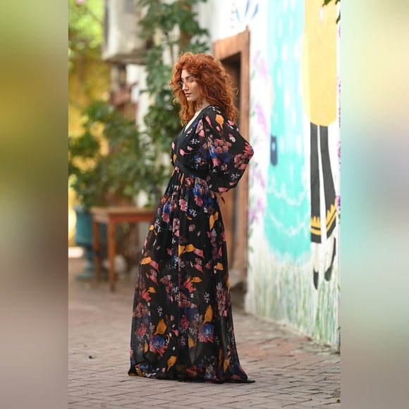 Maeve Anthropologie Deep V Floral Jewel Tone Printed Maxi Dress - Picture 10 of 10